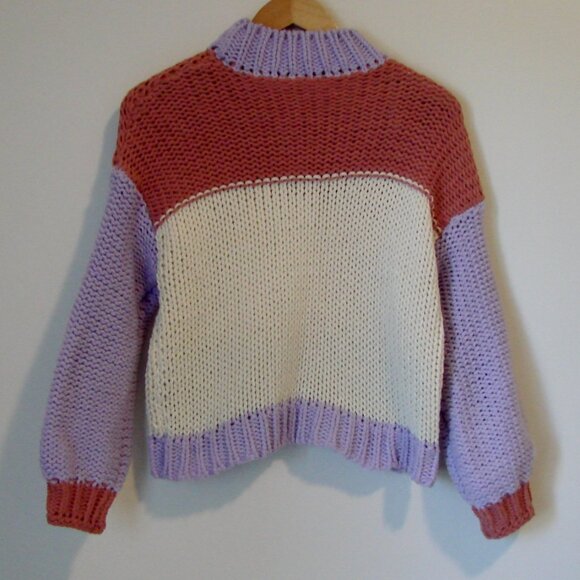 Dreamers Chunky Knit Sweater Colourblock Purple Pink Cream Mock Neck Size Small - Picture 10 of 12
